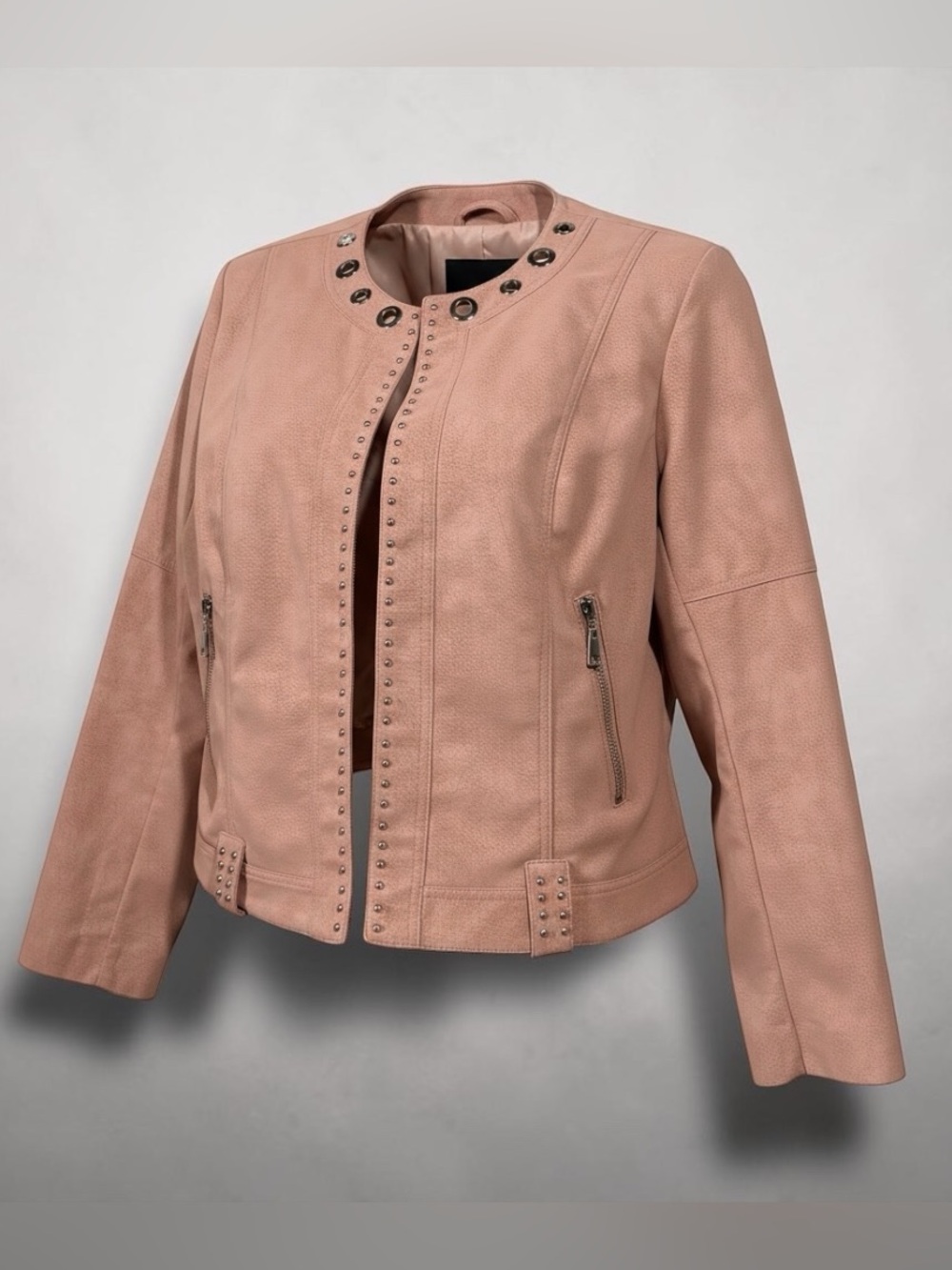 NESS, Pink, Faux Leather Studded Moto Jacket, Size Large, Silver Grommets